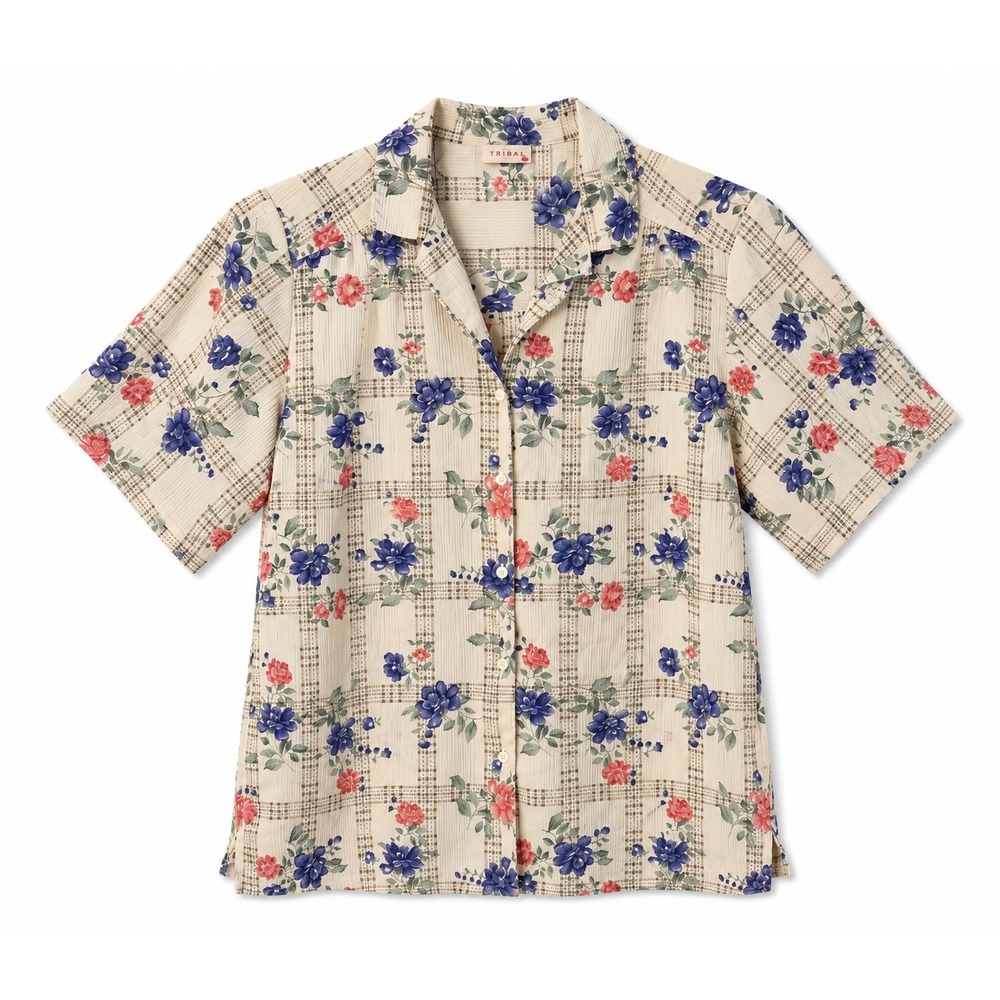 Vintage Women's Crinkle Button Front Shirt Blue Floral Patchwork Cottagecore 12